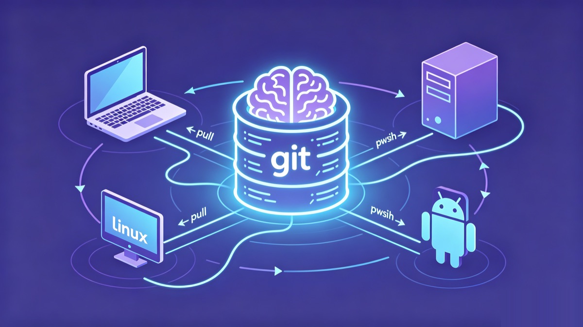 A central git brain, devices around it connected by pull/push, all sharing the same brain