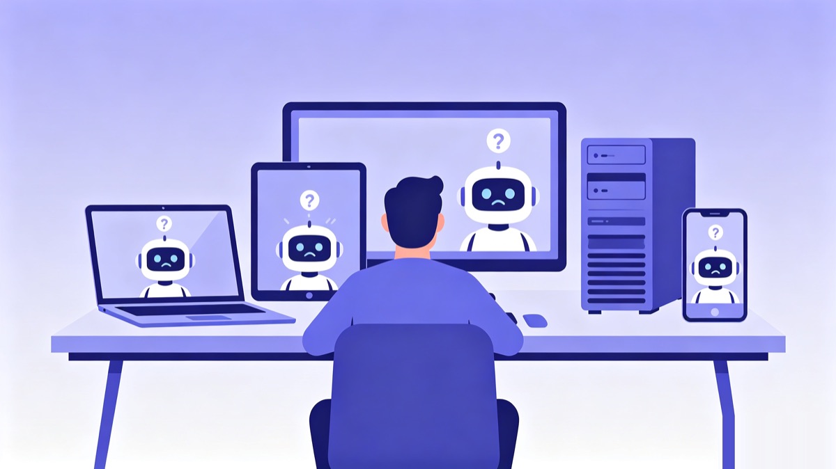 A developer in front of four devices, a confused robot on each screen, question marks floating above all of them