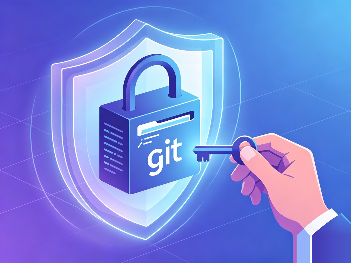 A locked git repo wrapped in a shield halo, a hand holding a key