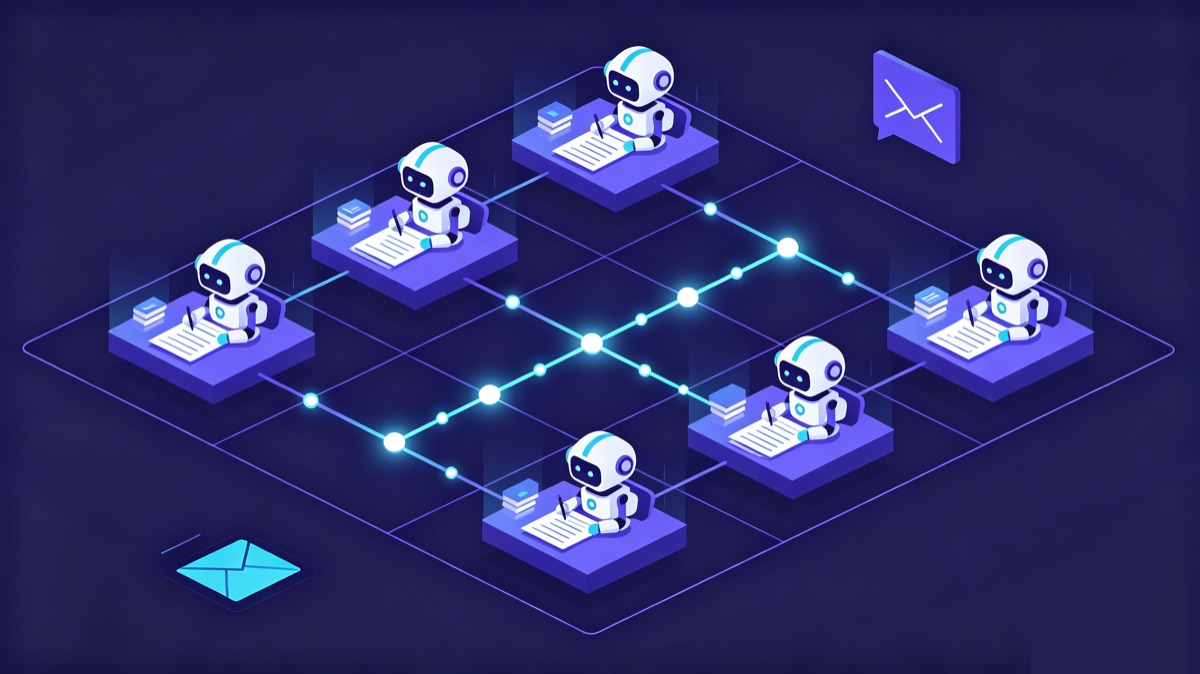 multiple agents each tending their own square, collaborating in order and leaving each other notes through the mailbox