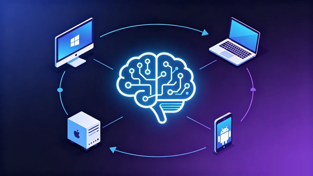 Four devices arranged in a circle, a glowing brain made of circuitry at the center