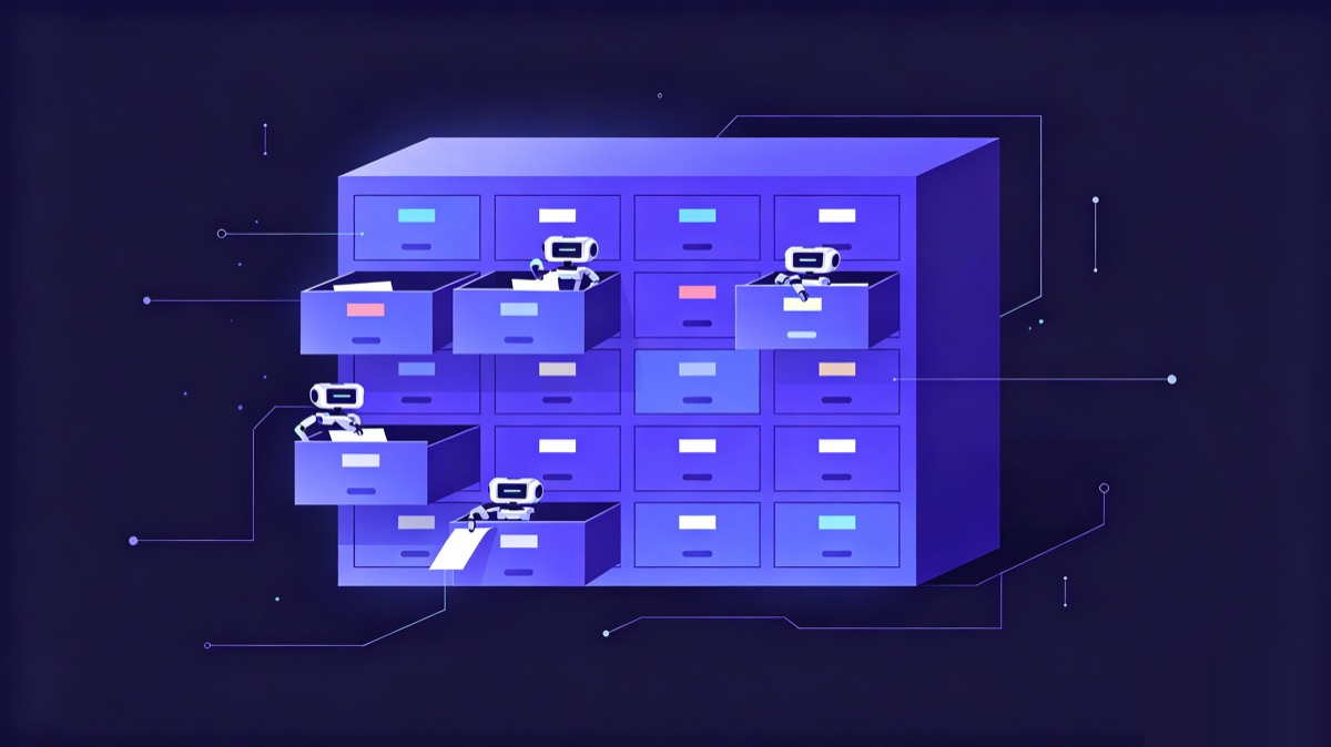 A filing cabinet where each robot only drops notes into its own drawer, never touching anyone else's