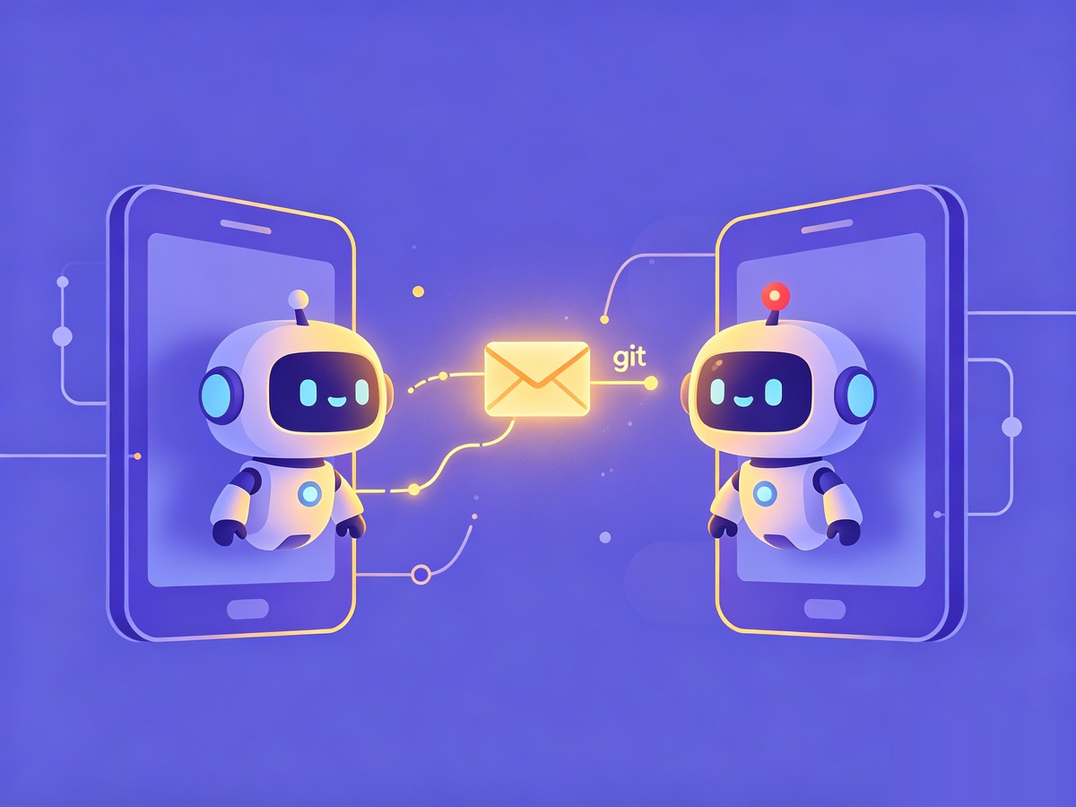 Two robots across a phone from each other, an envelope flying along the git line between them, an unread red dot above the receiver's head